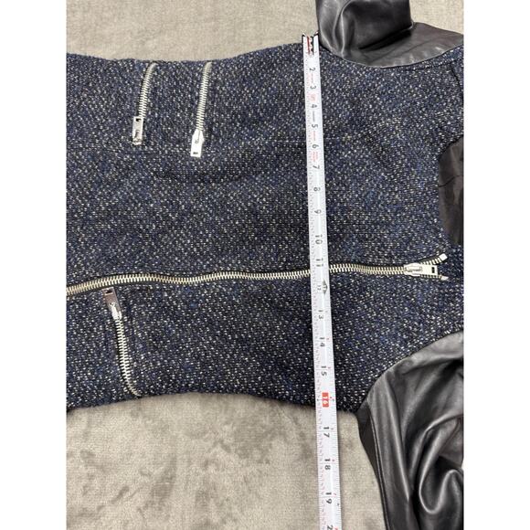 Maje Black Tweed Leather Sleeve Moto Zip Jacket FR 38 US 6 Chic Parisian Style - Picture 9 of 12